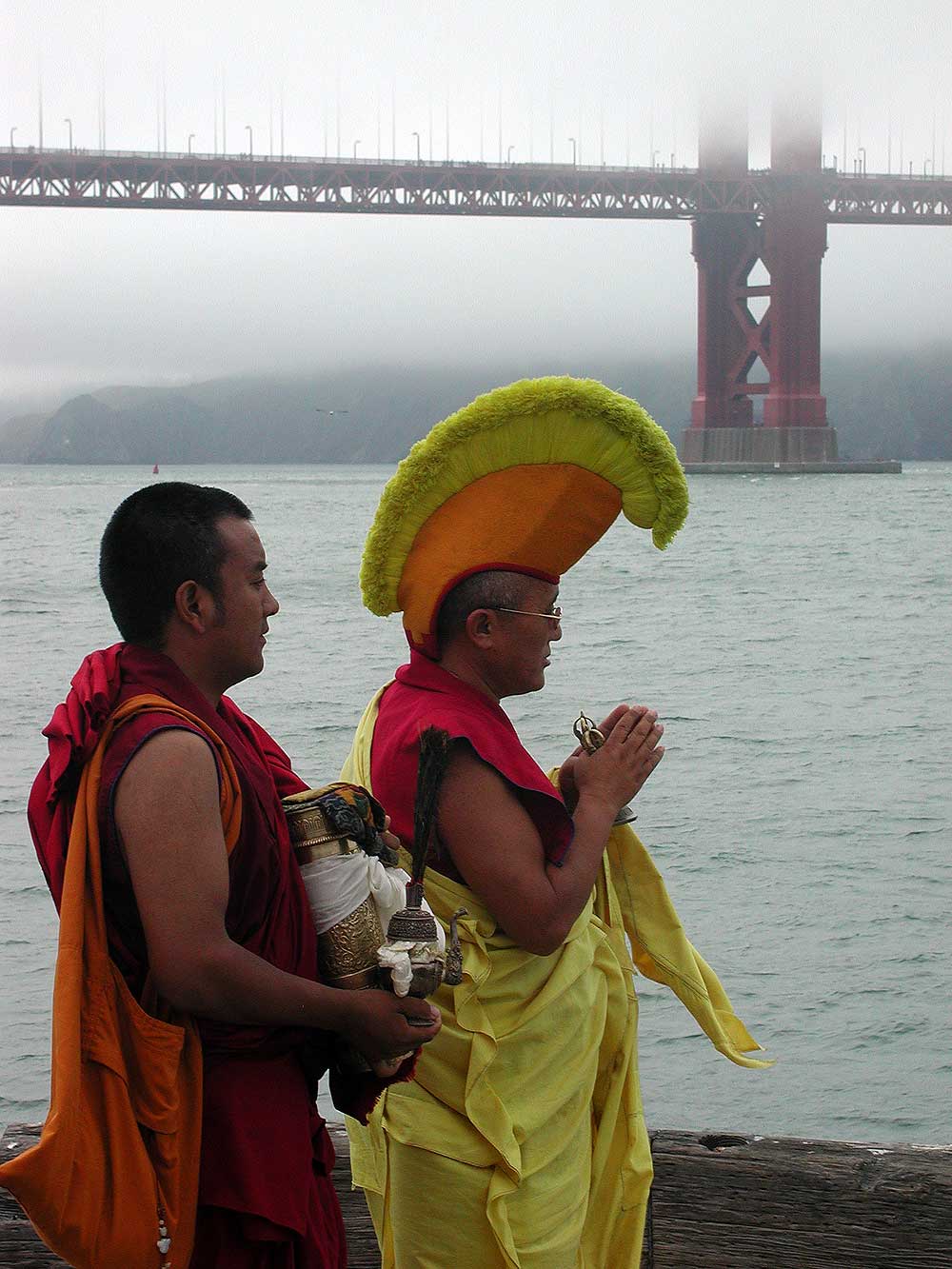 Buddhist monks perform a ritual at the Golden Gate Bridge