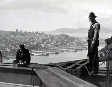 historic photo of construction workers on the san francisco-oakland bay brige