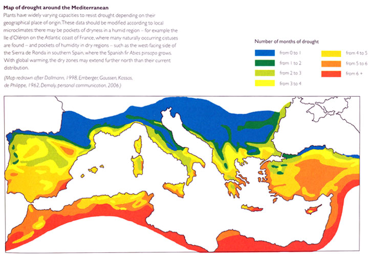 Mediterranean drought map, from Olivier Filippi, The Dry Gardening Handbook