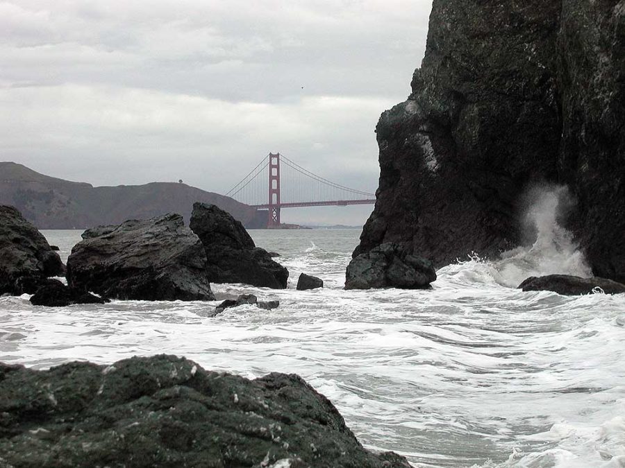 Golden Gate Bridge with waves.